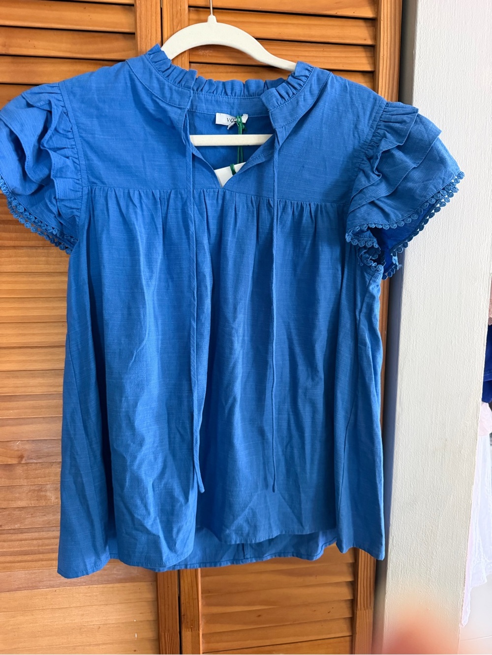 Blue Ruffle-Sleeve Cotton Blouse with Keyhole Detail